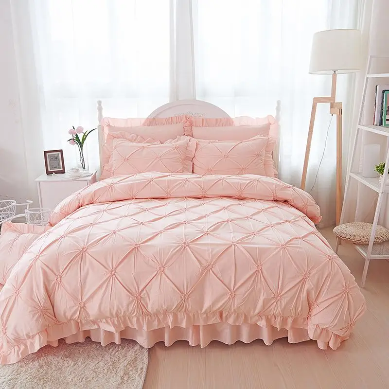 Розовый Hand-made складки наборы роскошного постельного белья 4, 6 штук в партии, платье принцессы пуховое покрывало кровать юбка сплошной цвет постельное белье из хлопка - Цвет: PINK