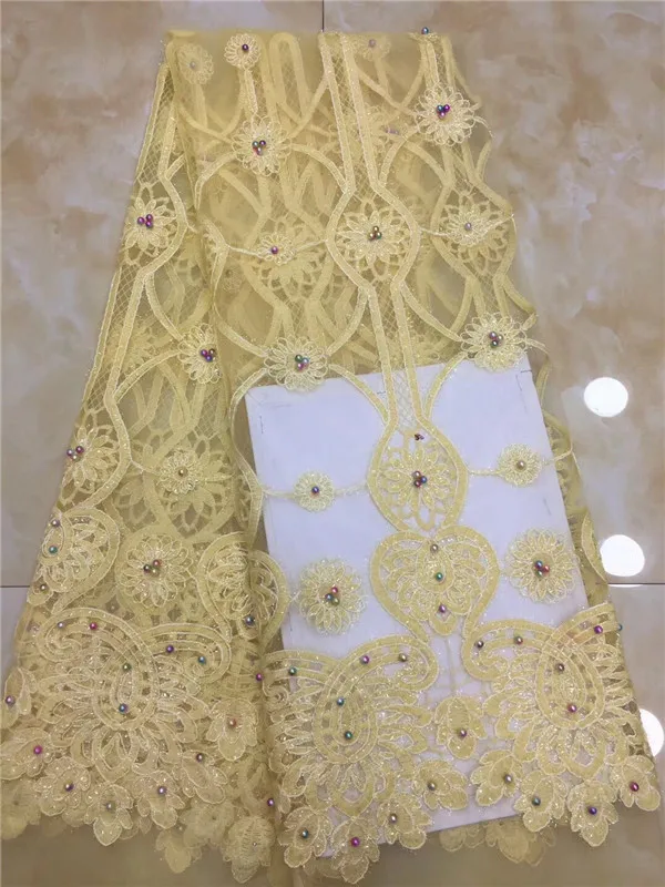 

2018 High Quality Mesh Lace African Guipure French Lace Fabric With beads sequins African Lace Fabric High Quality Gold yellow