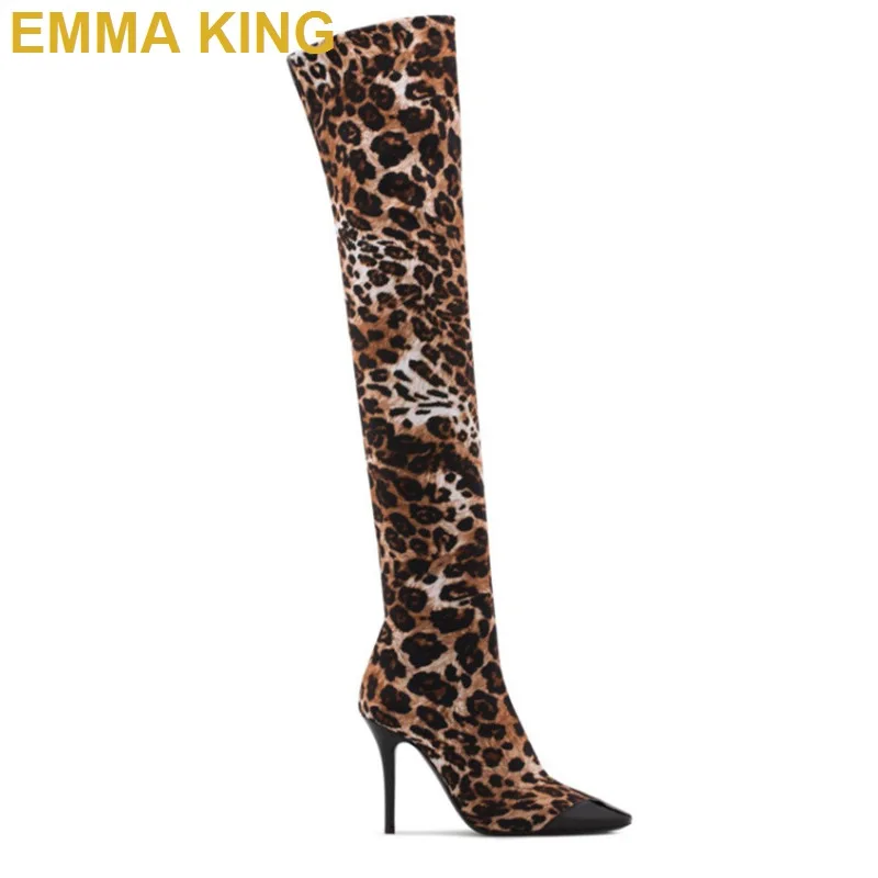 Leopard Print Thigh High Boots Women High Heels Winter Shoes Sexy Over The Knee Boots Pointed Toe Ladies Shoes Long Boots