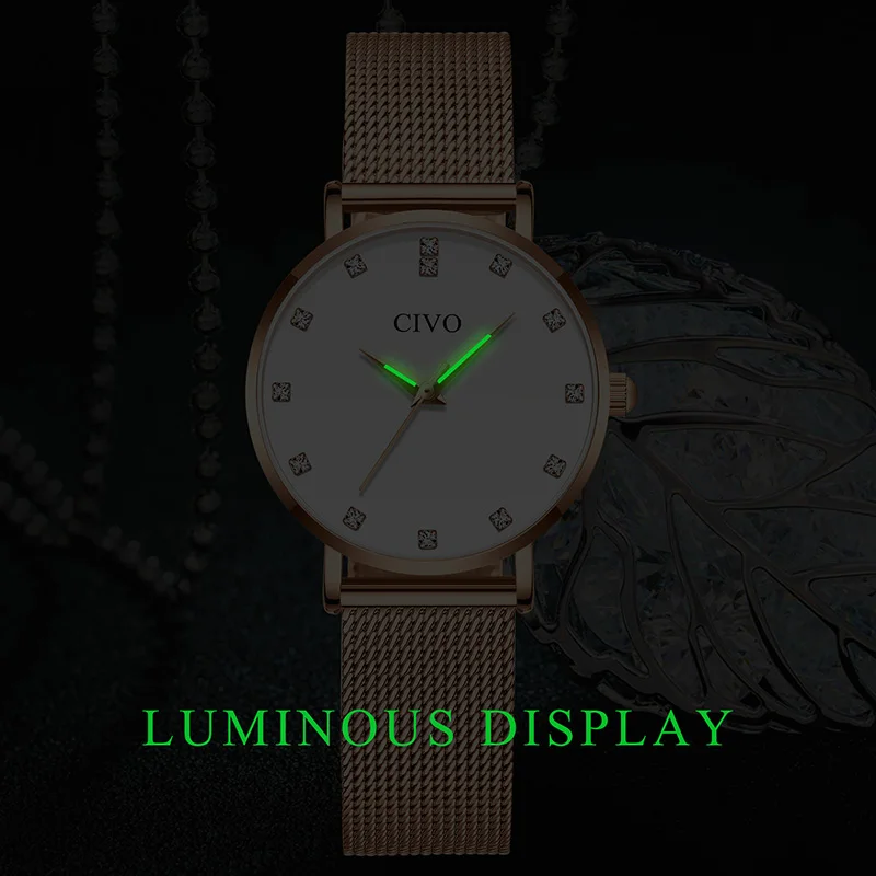 CIVO модные наручные часы для женщин, роскошные часы с бриллиантовым браслетом, водонепроницаемые тонкие стальные сетчатые женские кварцевые часы Relojes Mujer