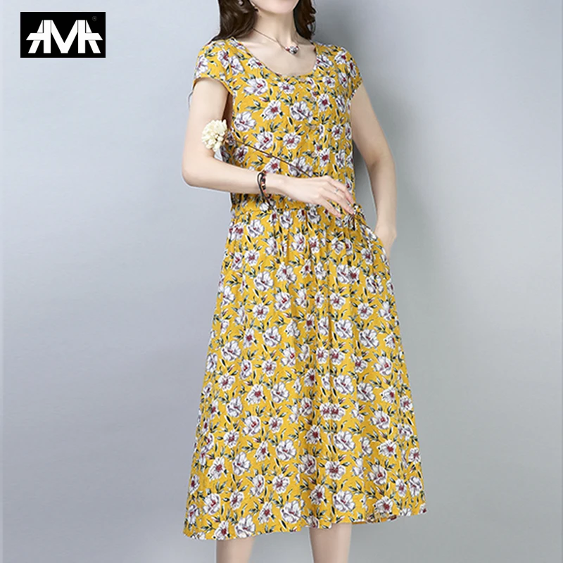 

2019 Summer Bohemian Style Women's Dress Cotton and linen Floral Midi Woman Dresses Bohemian Trendy Summer Femme Fancy dress