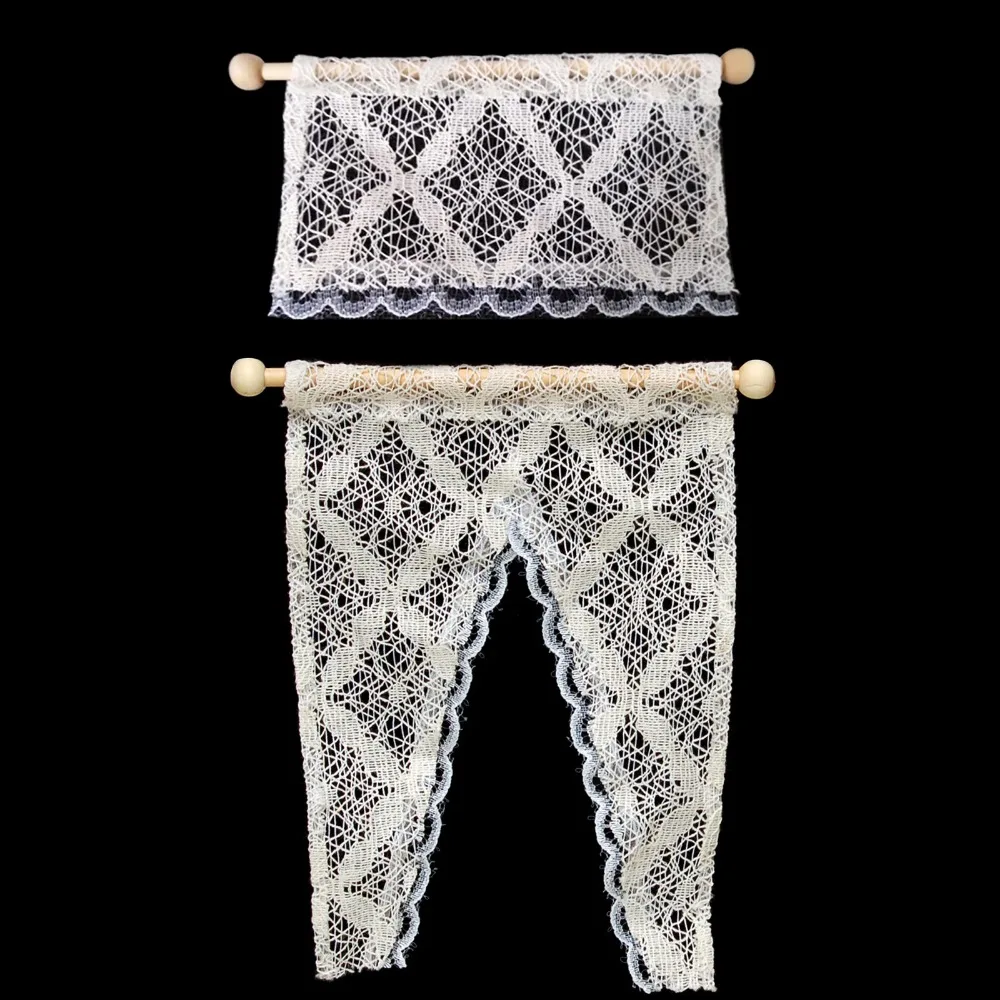 

1/12 Dollhouse Miniature Lace Curtain with Wooden Rod Doll House Window Decoration Toys Dolls Accessories Drop Shipping