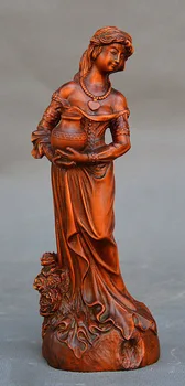 

Crafts statue 8" Collect Chinese Boxwood Carved Flower Vase Beauty Belle Femme Stand Sculpture