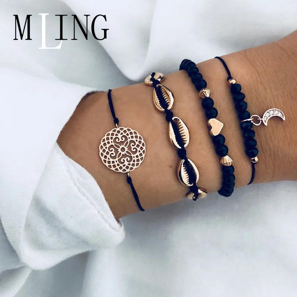 

MLIGN 4 Pcs/Set Vintage Shell Hollow Flower Beads Chain Moon Pendant Bracelet Crystal Bracelets & Bangles Boho Fashion Jewelry