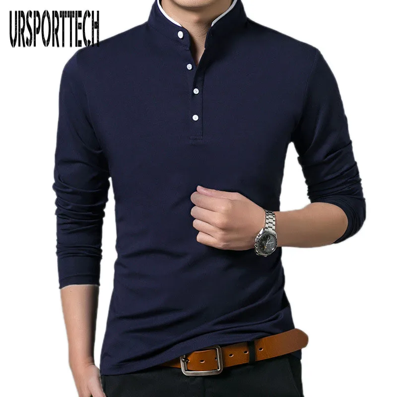 SYTX Mens Classic Solid Long Sleeve Cotton Polo Shirt Tops 
