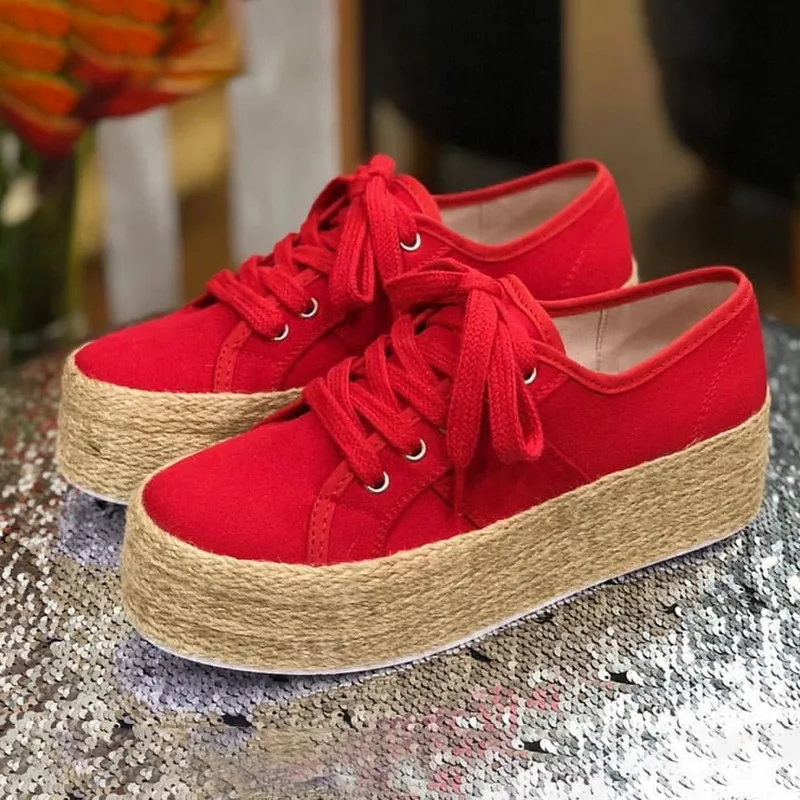 Laamei Women Espadrille Shoes Canvas Thick Bottom Flats Shoes Girls Lace Up Round Toe Casual Flats Plus Size Drop Shipping