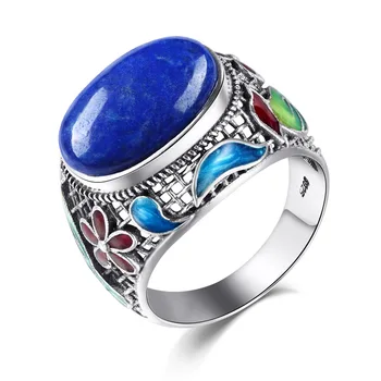 

S925 sterling silver ring female ethnic landscape Thai blue oval natural lapis lazuli gemstone ring