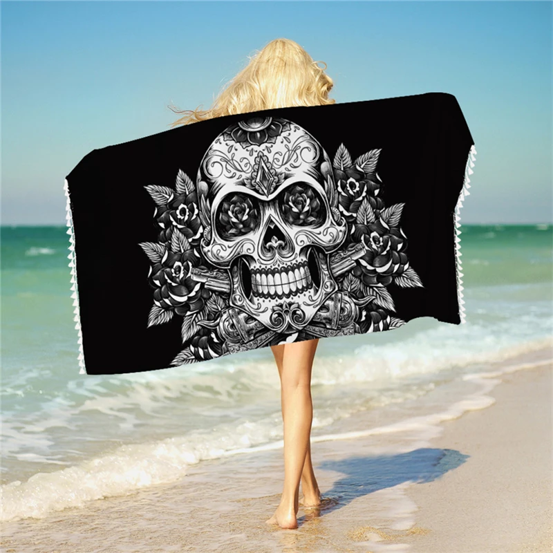 

Sugar Skull Printed Absorbent Bath Towel with Tassels Microfiber Vintage Beach Towel Cover Red White Rectangle Floral Yoga Mats
