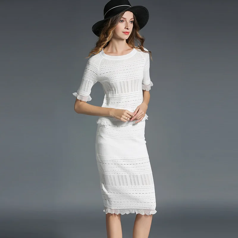 

Suits Women Two Pieces Set Elastic Knitted Fabric Elegant Design Hollow Out Ruffles O Neck Solid 2 Colors Fashion Style 2018