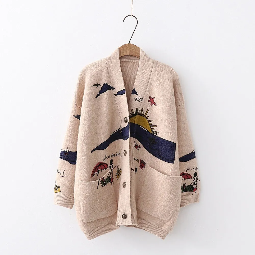 New Cartoon Knit Sweaters Women Cardigans Harajuku Embroidery Sweater Single Breasted V-neck Casual Loose outerwear Long Sweater