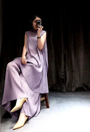 SuperAen Модные женские двухсекционные новые летние модные повседневные топы без рукавов Большие Размеры европейские длинные штаны женские комплекты - Цвет: Purple