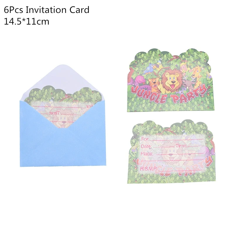 6pcs invite card Джунгли день рождения одноразовые столовые приборы Джунгли животных одноразовые тарелки/чашки/салфетки сафари джунгли вечерние украшения принадлежности - Color: 6pcs invite card