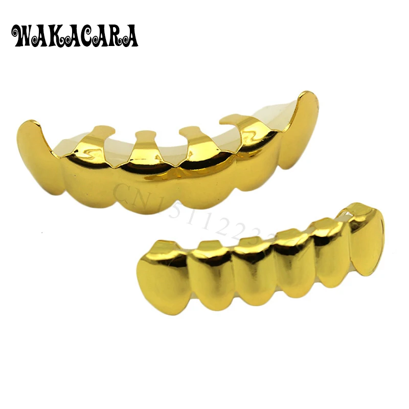 

REAL SHINY!! GOLD Color HIPHOP TEETH GRILLZ TOP & BOTTOM GRILL SET With silicone Vampire teeth