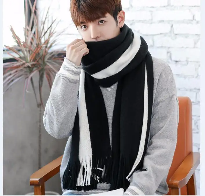 Новинка, зимний мужской шарф, черный, белый цвет, подходит для корейского производства, шарф, мужской, вязаный, шерстяной, с кисточками, длинный, для молодых - Color: Black and white