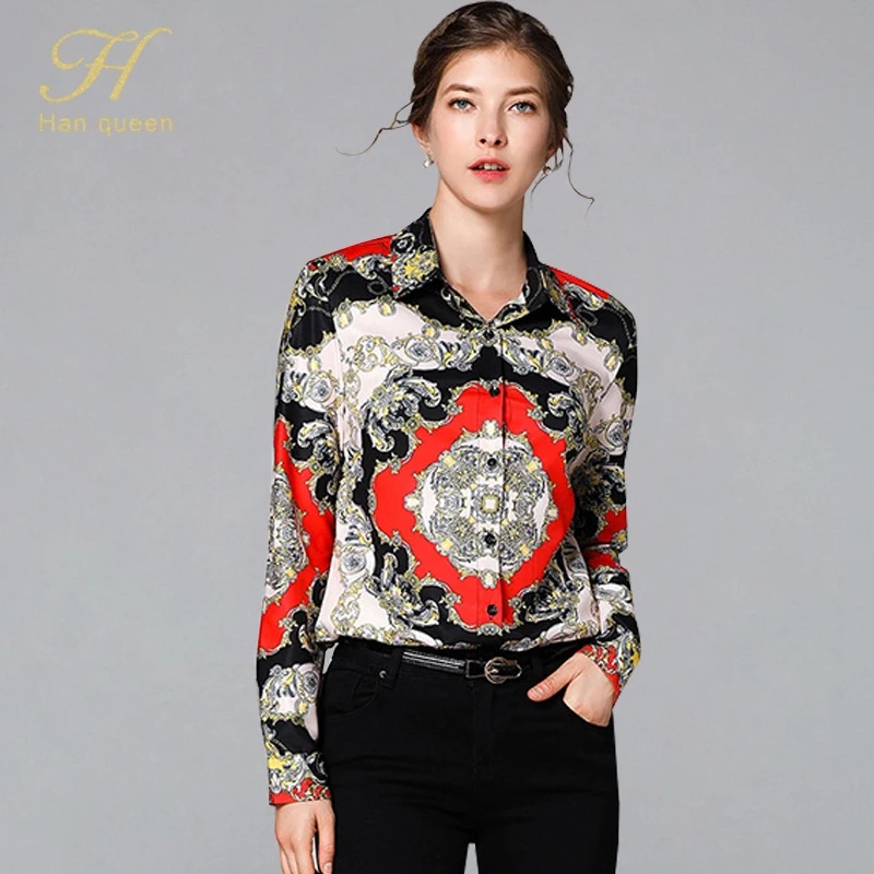 

H Han Queen Vintage Print Chiffon Shirts Women 2019 Spring Slim Bottoming Blouses Wide Match Work Office Wear Tops New OL Blousa