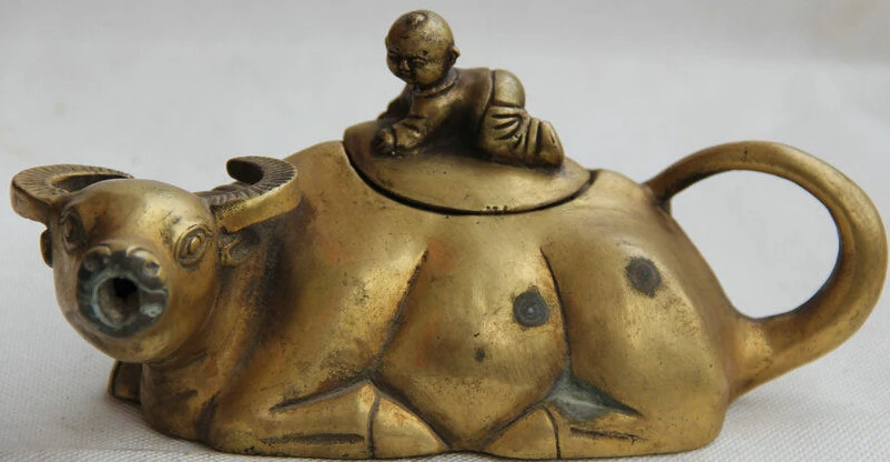 

287@g++8" Marked Chinese Folk Copper Zodiac Year Bull Oxen Boy Lad Wine Tea Pot Flagon statue