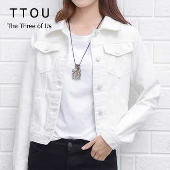 

TTOU White Denim Jackets Women Spring Autumn Streetwear Pockets Button Single Breasted Female Jeans Jacket Women Denim Coat