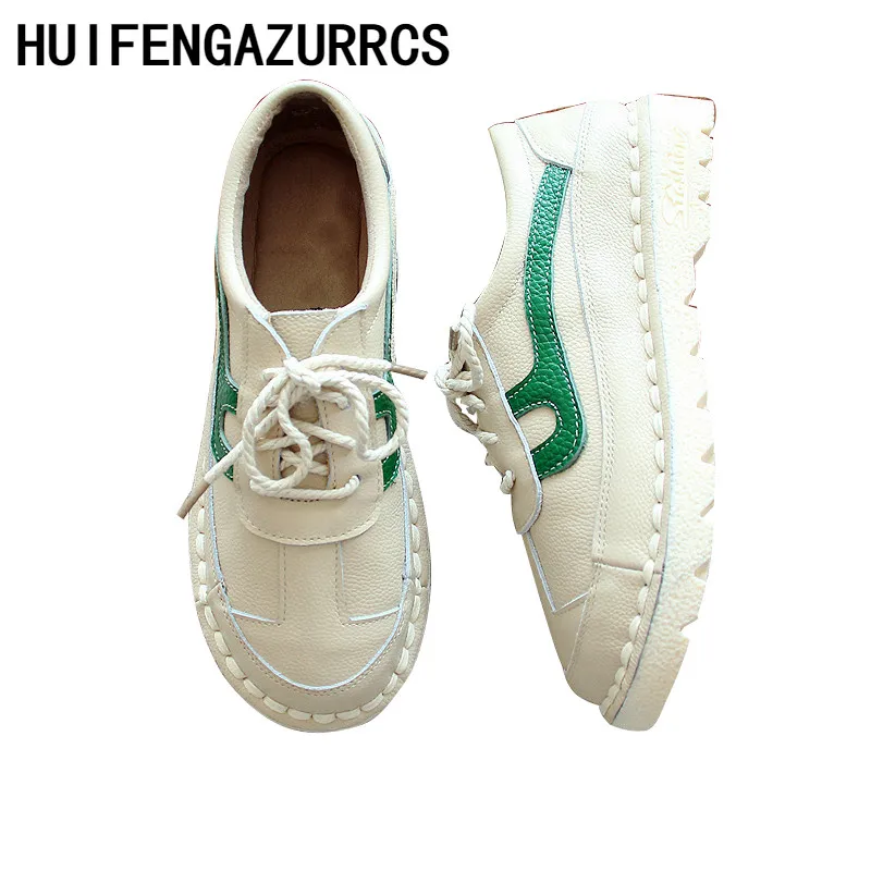 

HUIFENGAZURRCS-Genuine leather round-headed single shoes,lace Small fresh literary flat-soled leisure female student shoes
