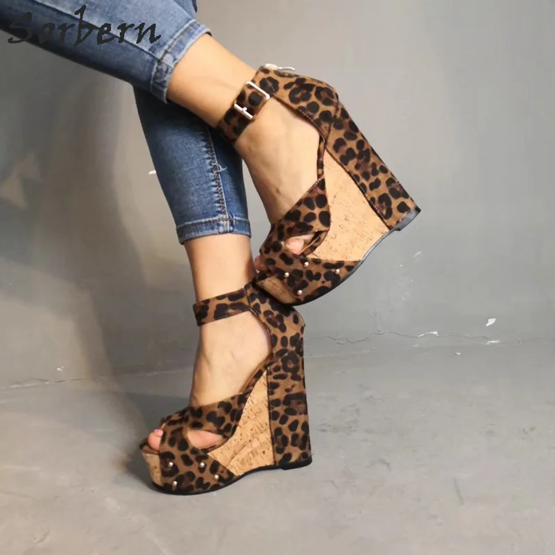 

Sorbern Brown Leopard Wedges Shoes For Women Summer Style Sandals Cross Straps Open Toe Platform Sandals High Heels