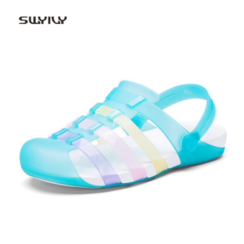 SWYIVY Momen Wading Shoes Breathable Colorful Jello Beach Slippers 2018 Summer Non-slip Female Aqua Shoes Soft Beach Hole Sandal