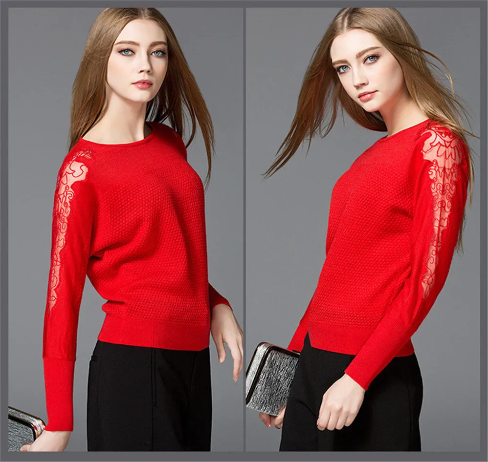 Autumn Lace sleeve Sweater T shirt for women 2017 knitted pullover sweater T shirt Women winter warm knitting sweater shirt (5)