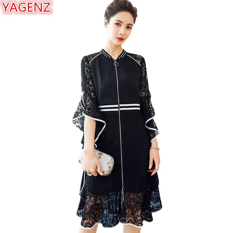 

YAGENZ 5XL Plus size Dress 2018 New Summer Lace Dresses Womens Medium length Five points sleeve Stitching Casual Lace Dress 1016