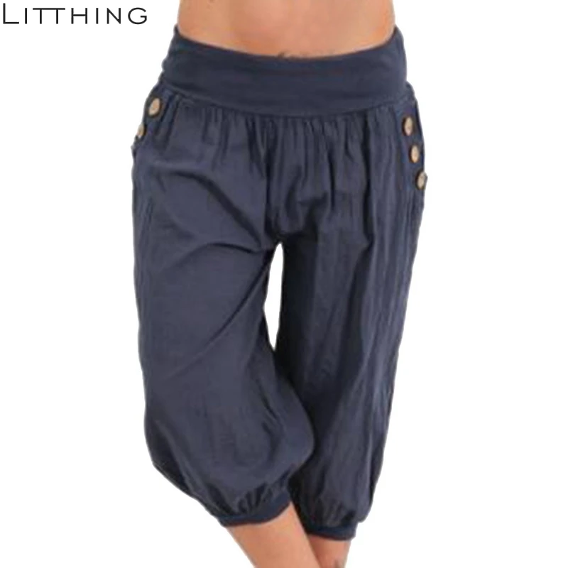 

LITTHING Solid Loose Pants Women Summer 2018 Loose Wide Leg Pants Capris Bloomers Trousers Knee Length Female Bottoms Plus Size