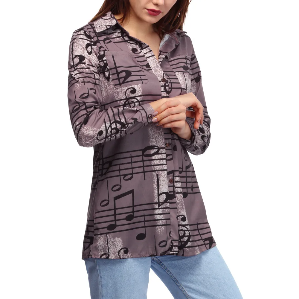 Модные зимние блузки для женщин отложной воротник музыкальные ноты печати с длинным рукавом на пуговицах Блузка сорочка longue femme