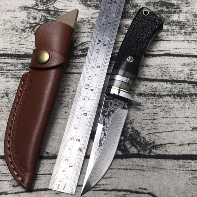 Free shipping High-end sharp Damascus straight knife Collect the hunting knife Outdoor tools black wood handle