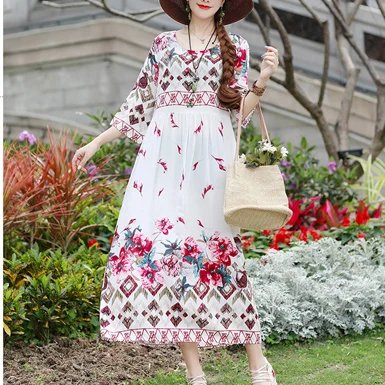 linen dress Бохо льняное платье длинное Цветочное платье женское богемное летнее пляжное платье размера плюс Этническая одежда винтажное корейское элегантное платье - Цвет: linen dress