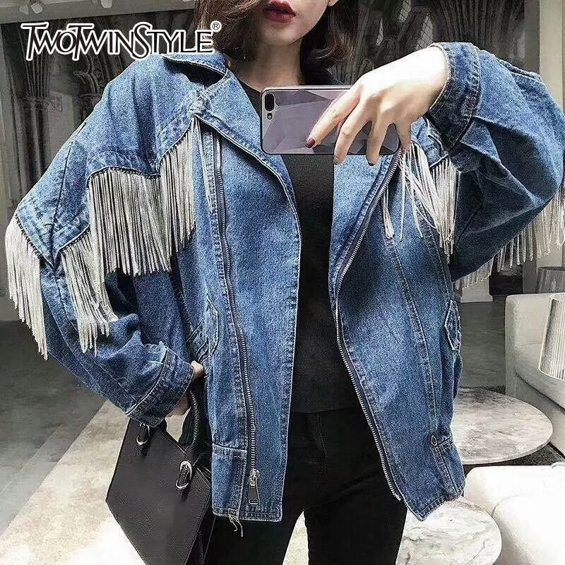 TWOTWINSTYLE деним для женщин куртка на молнии и пуговицы свободные с длинными