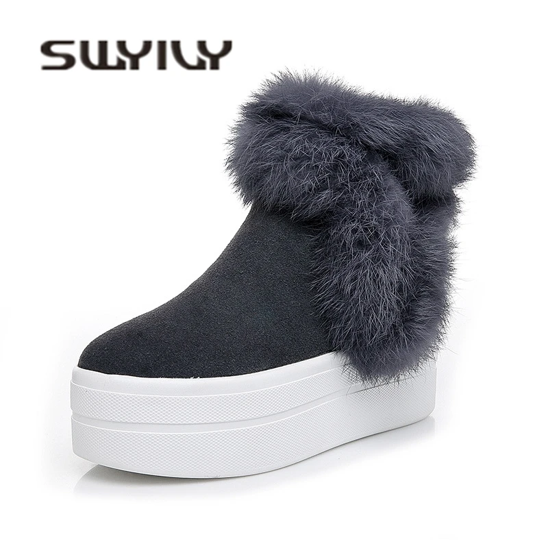

SWYIVY Luxury Rabbit Fur Snow Boots Woman Platform 2018 Winter Autumn Genuine Leather Female Casual Warm Shoes Slip On Snow Boot