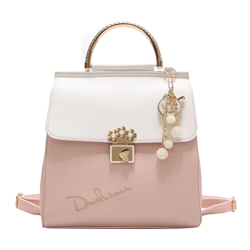 

Sweet ladies all-match shoulder bag PU leather fashion beautiful pendant female backpack Student lock panelled school bag