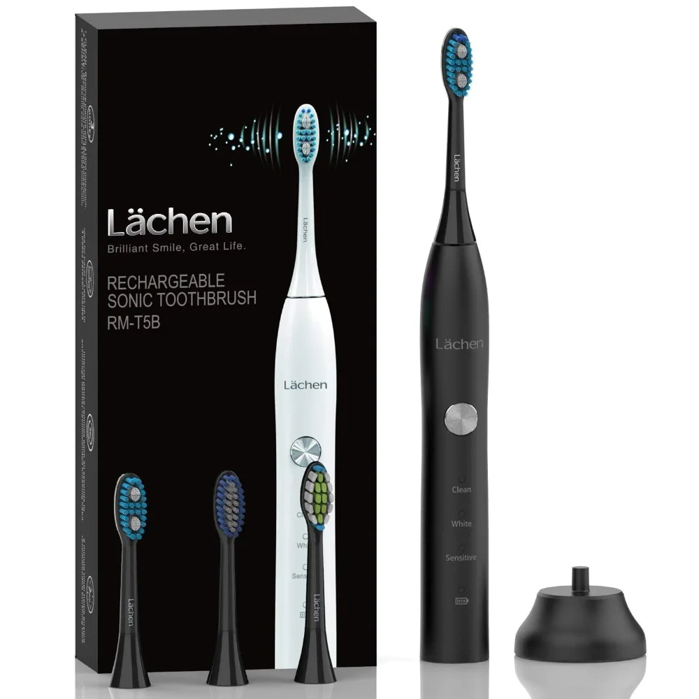 

Lachen RM-T5B Electric Toothbrush Ultrasonic Tooth Brush with 4 Brush Head and Timer 3 Modes USB Battery Powered IPX7 Waterproof