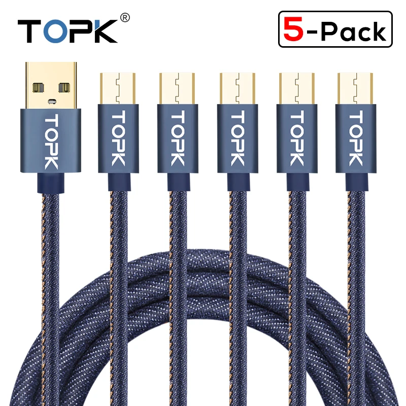 TOPK [5-Pack] mi cro USB Cable Denim trenzado de sincronización de datos del teléfono móvil Cable USB para Xiaomi Redmi 4X mi 5 Samsung Huawei Sony LG