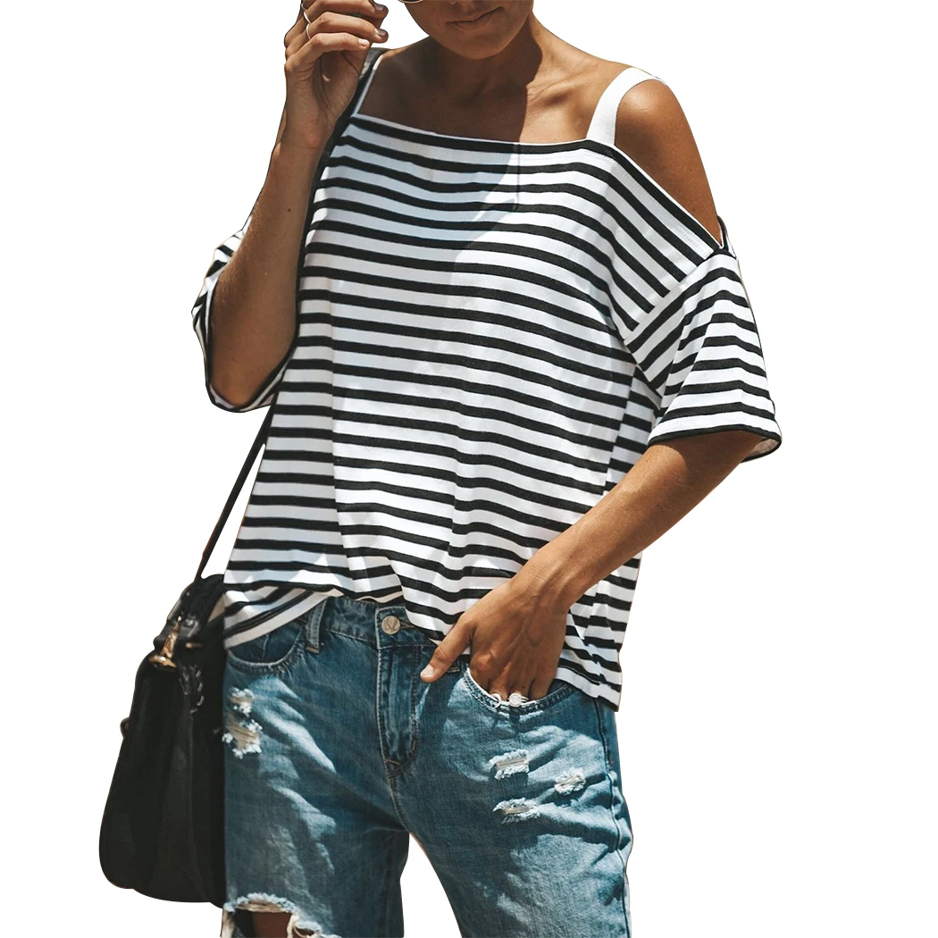 New Women Tops Sexy Cold Shoulder Striped Blouses Summer Casual Short Sleeve Loose Ladies Shirts Blusa Feminina A4 |
