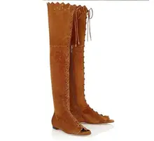 Solid brown color peep toe flat boots for women spring autumn ruffles lace up over the knee high gladiator boots big size shoes Solid brown color peep toe flat boots for women spring autumn ruffles lace up over the knee high gladiator boots big size shoes