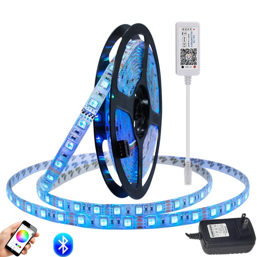 

5050 LED Strip Light Waterproof Color Changing LED Strip RGB Rope Light Kit + Bluetooth Smartphone APP Controller + DC12V Power