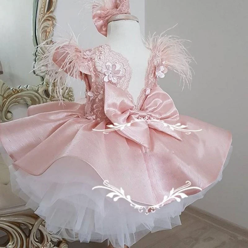 

Pink Flower Girl Dresses sleeveless satin Knee length Applique Ruffles Girls Pageant Gowns Children Birthday Party Dresses