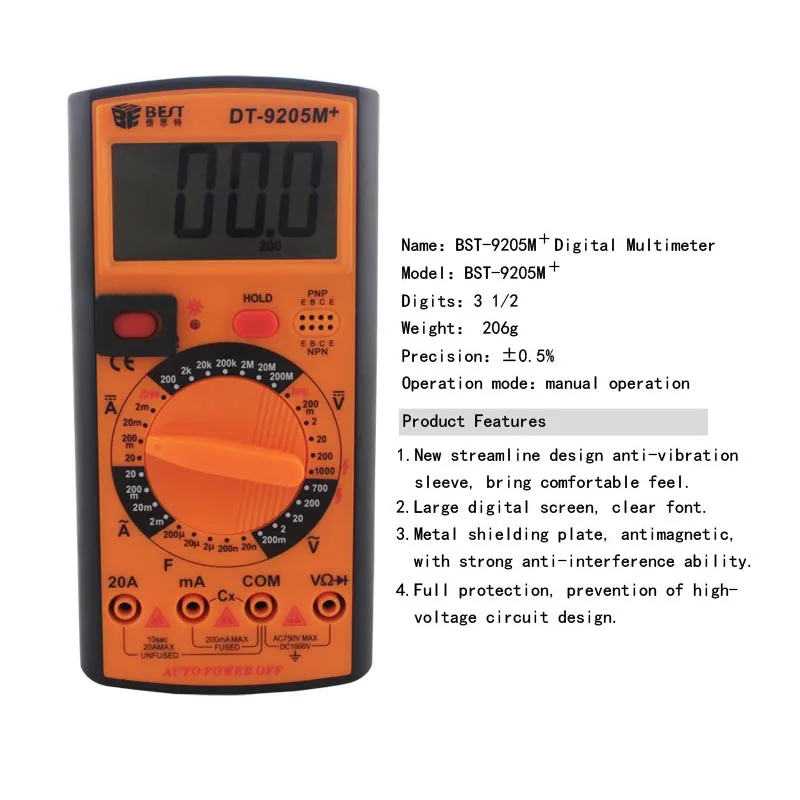 DT-9205M+ лучший цифровой мультиметр с ЖК-дисплеем, интеллектуальный Измеритель сопротивления тока, тестер er AC DC, ручной цифровой измеритель