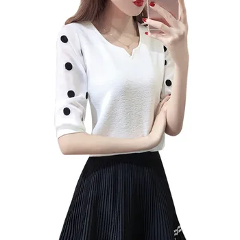 

2019 Plus Size Blouse Women's Korean Style Dot Print V-Neck Shirt Lace Short Sleeve Chiffon Pullover Blouse mujer de moda blusa