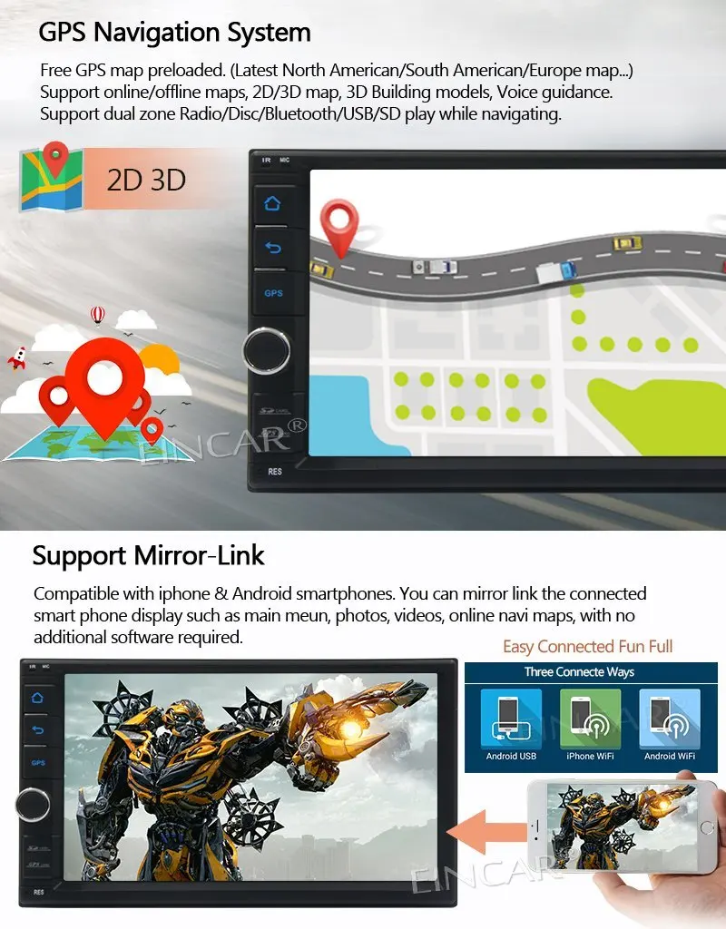 Top Backup Camera Included!! Android 6.0 Car Stereo 2Din GPS Navigation 7 inch Car Radio Head Units DVD Player Touch Screen BT WIFI 3