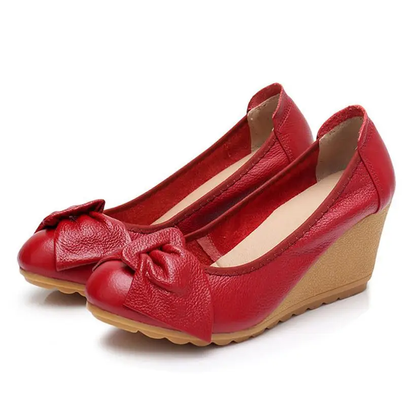 

Women's Genuine Leather Bowtie Wedges Shoes Round Toe Platform Shoes Slip on Leisure Casual Shoes for Ladies