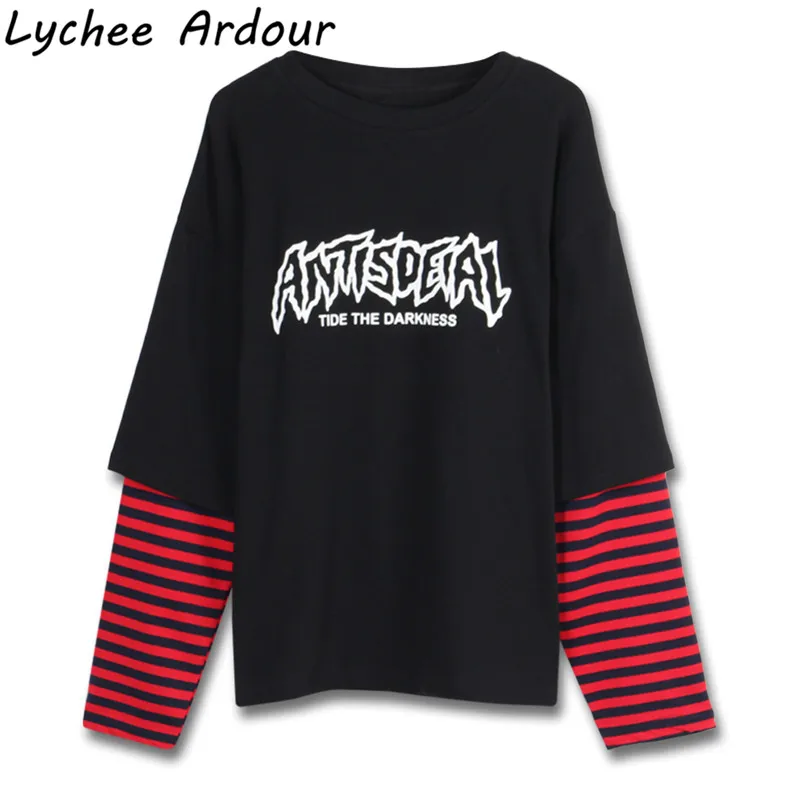 

Streestwear Women T Shirt Patchwork Letter Print Casual Loose Long Sleeve Female TShirt Fake Two Pieces Tee Tops