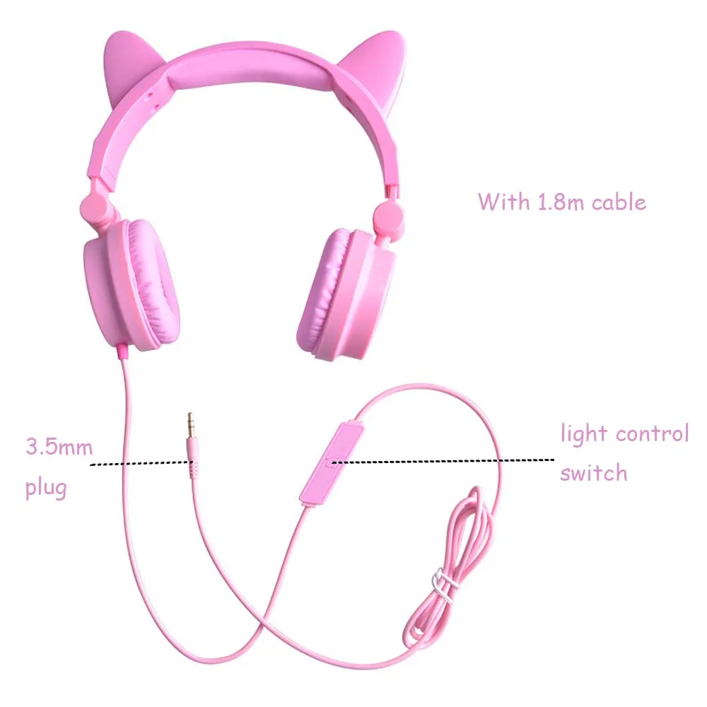 JINSERTA Portable Kids Headphones Glowing Cat Headphone Children Over Ear Headset with Adjustable headband USB Charging Cable