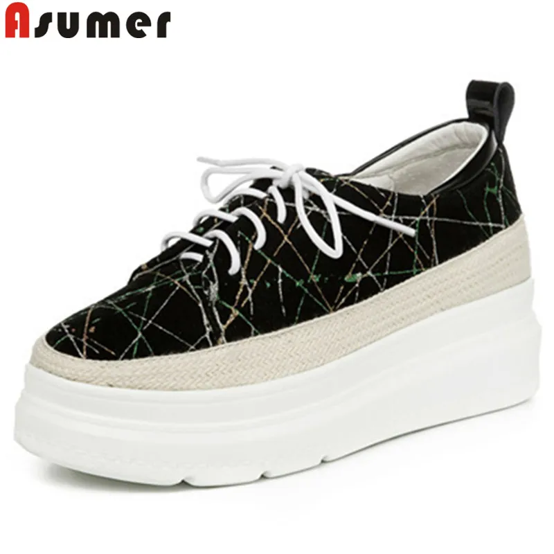 

ASUMER 2019 new shoes woman round toe lace up suede leather shoes Casual flat platform ladies shoes spring autumn flats women