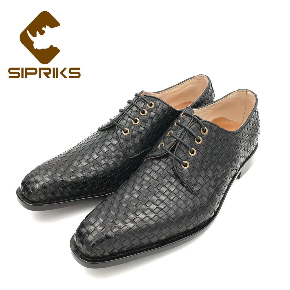 

Sipriks Luxury Imported Italian Braided Leather Black Shoes Custom Goodyear Welted Dress Shoes Square Toe Woven Leather Derby