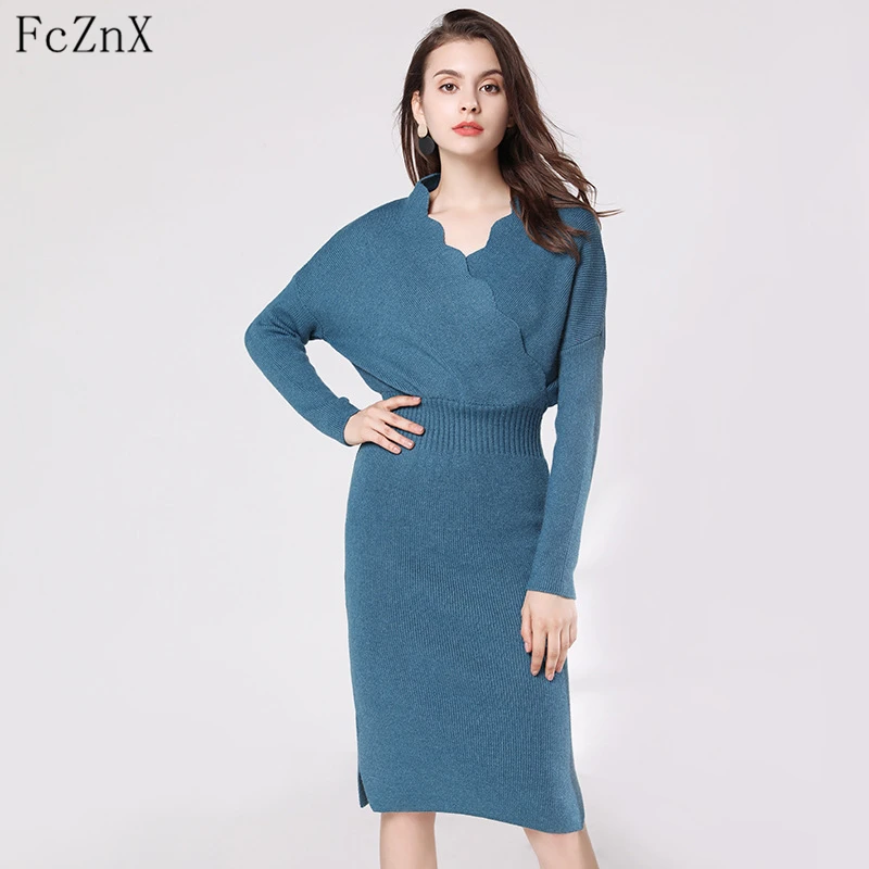 

Autumn 2018 women sweater dress knitted V-Neck long sleeve solid color loose female clothes ruffles pencil knee-length dresses