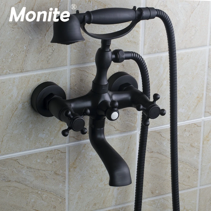 

Luxury Matte Black Dual Handles 2 Functions with Rainfall Brass Hand Shower Wall Mounted Shower Faucet Set Bathtub Mixer Faucet