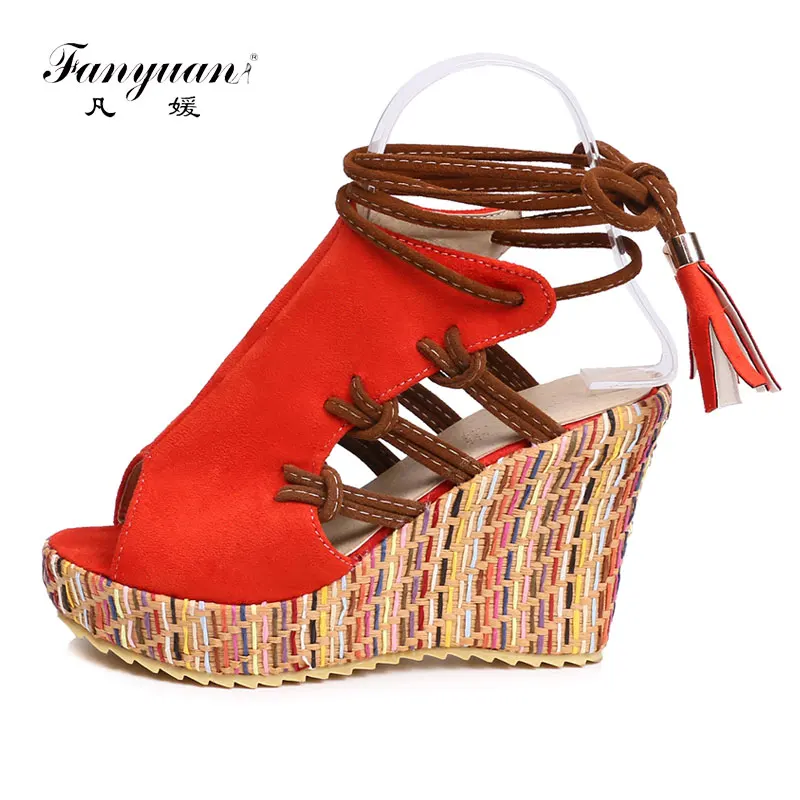 Fanyuan/женские босоножки на платформе и танкетке босоножки на высоком каблуке с перекрестной шнуровкой и ремешком на щиколотке летняя пляжная обувь в богемном стиле с открытым носком для девочек